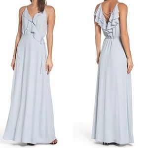 WAYF Jamie Ruffled Wrap Gown Maxi Dress in Sky Blue Medium